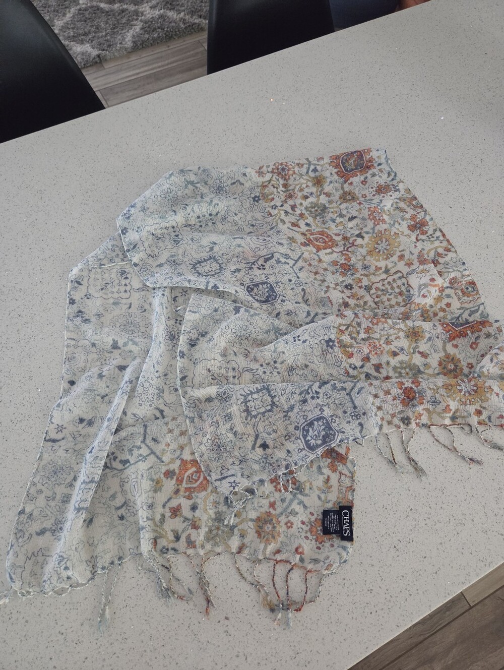 Chaps Woven Fringe Scarf - Cream with Blue & Orange Boho Vibe - Picture 7 of 10